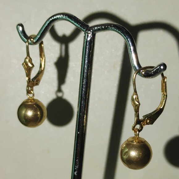 14K Yellow Gold Earrings Leverback Polished Ball Drop Dangle Design 1.26 grams - Picture 5 of 9